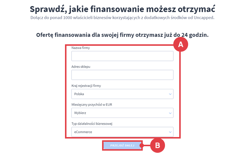Panel administracyjny sklepu > Zwiększaj sprzedaż > Finansowanie sklepu > Uncapped > Oferta