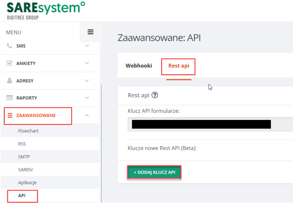 Dodaj klucz api Panel administracyjny > Dodatki i integracje > Moje aplikacje > SAREsystem