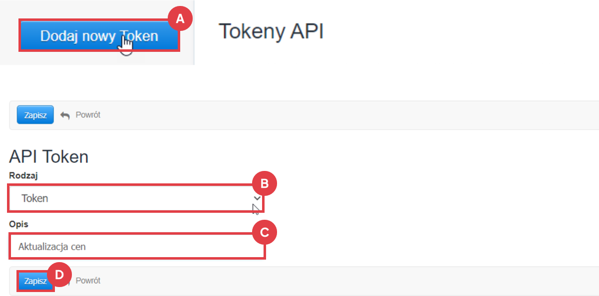 Panel Fakturownia.pl > Ustawienia > Ustawienia konta > Integracja > Kod autoryzacyjny API > Nowy token