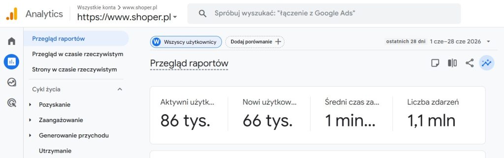 Widok główny sekcji „Przegląd raportów” w panelu Google Analytics 4.
