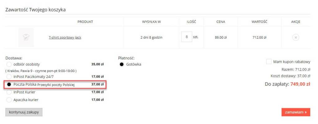 Inne koszty wysyłki podczas wysyłania z wielu magazynów