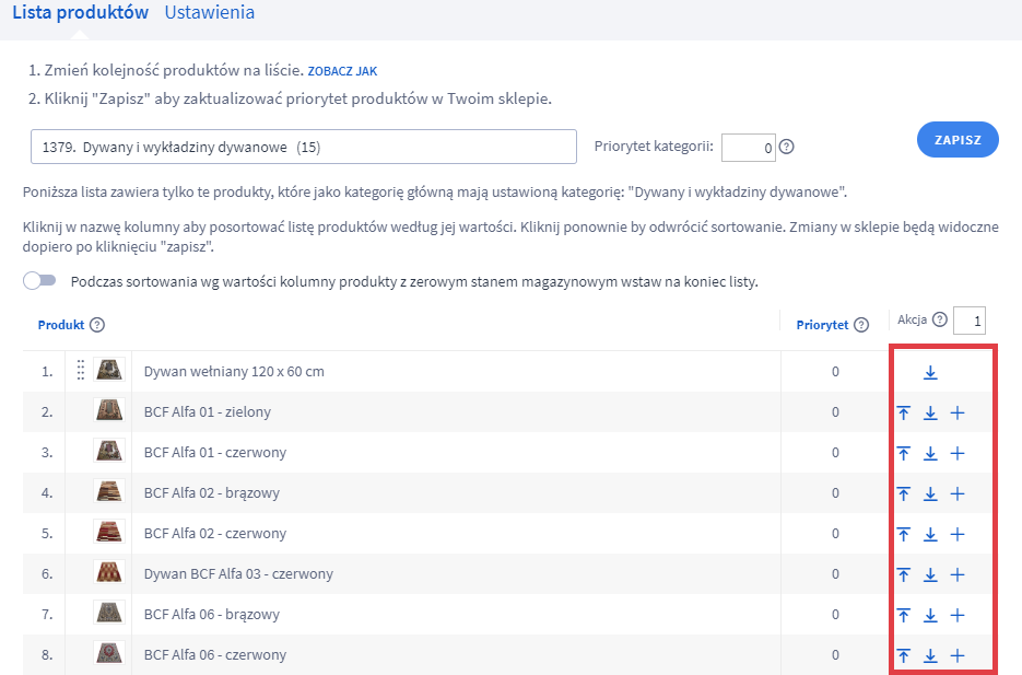 Zmień kolejność produktów za pomocą przycisków w kolumnie: Akcje Panel administracyjny sklepu > Dodatki i integracje > Moje aplikacje > Sortowanie produktów > Lista produktów > Zmiana kolejności