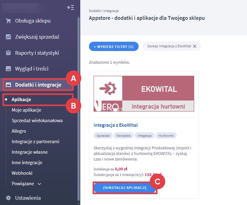 Zintegruj sklep internetowy z hurtownią EkoWital za pomocą dedykowanej aplikacji Panel administracyjny > Dodatki i integracje > Aplikacje > Integracja z EkoWital