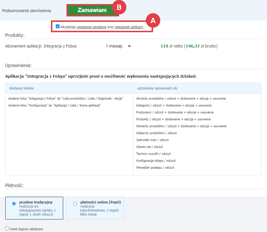 Wybierz formę płatności za abonament aplikacji Integracja z Fobya w sklepie Shoper Panel administracyjny > Dodatki i integracje > Aplikacje > Integracja z Fobya > Instalacja