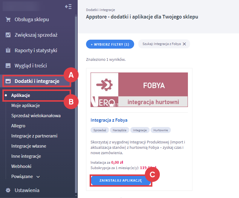 Dodaj integrację z hurtownią Fobya do sklepu internetowego Shoper Panel administracyjny > Dodatki i integracje > Aplikacje > Integracja z Fobya