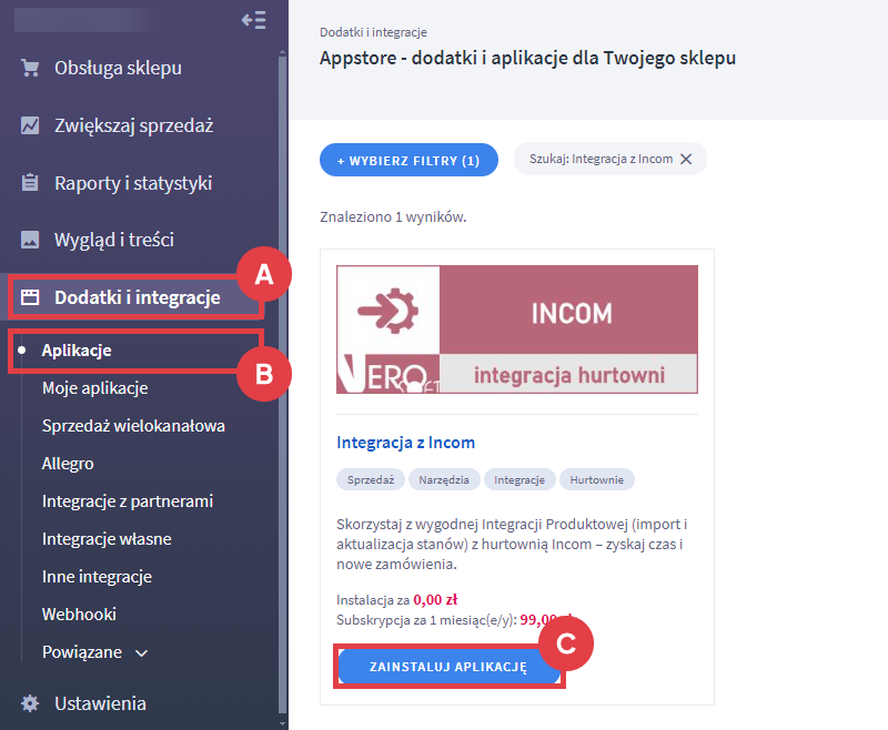 Zintegruj e-sklep Shoper z hurtownią Incom za pomocą dedykowanej aplikacji Panel administracyjny > Dodatki i integracje > Aplikacje > Integracja z Incom