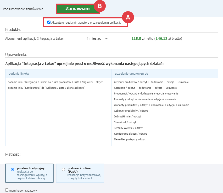 Panel administracyjny > Dodatki i integracje > Aplikacje > Integracja z Leker > Instalacja