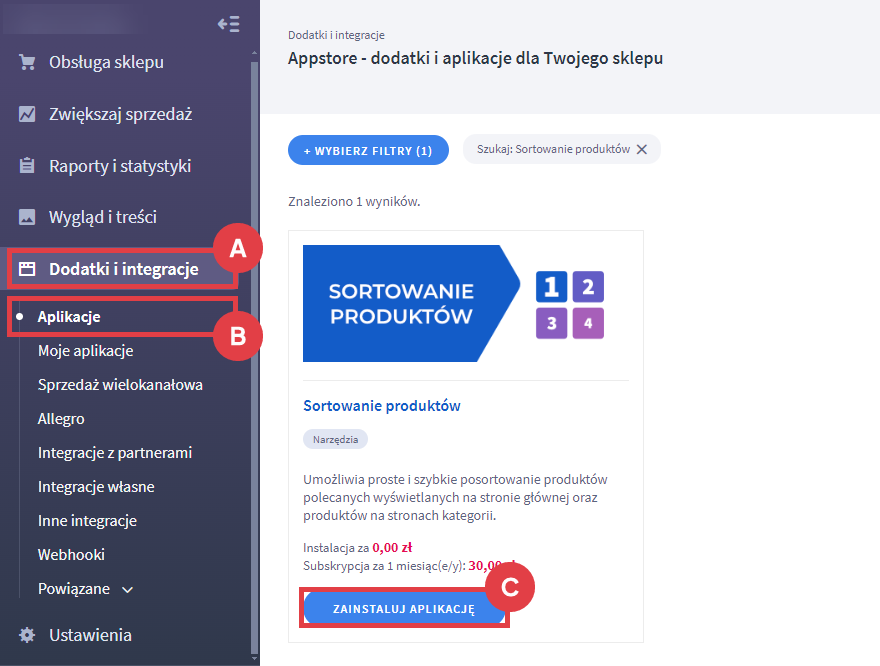 Zainstaluj dodatkowe narzędzie do sortowania produktów na stronach sklepu internetowego Shoper Panel administracyjny sklepu > Dodatki i integracje > Aplikacje > Sortowanie produktów