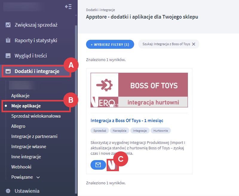 Panel administracyjny sklepu > Dodatki i integracje > Moje aplikacje > Integracja z Boss Of Toys