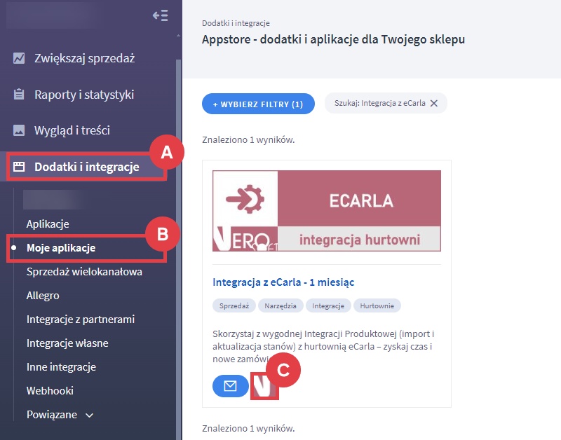 Po instalacji zsynchronizuj działanie sklepu internetowego Shoper z hurtownią eCarla Panel administracyjny > Dodatki i integracje > Moje aplikacje > Integracja z eCarla