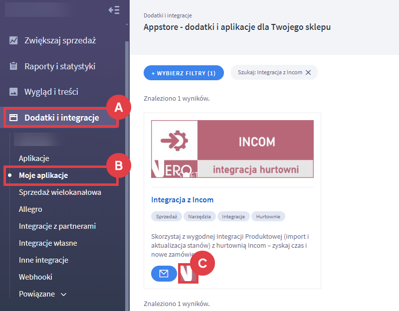 Przejdź do ustawień importu i aktualizacji stanów produktów z hurtowni Incom Panel administracyjny > Dodatki i integracje > Moje aplikacje > Integracja z Incom