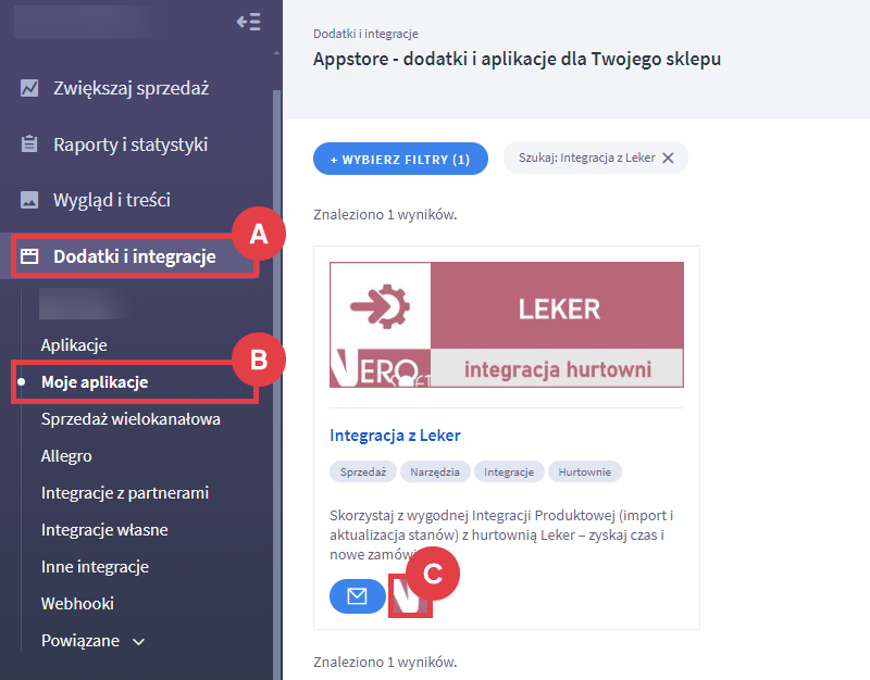 Panel administracyjny > Dodatki i integracje > Moje aplikacje > Integracja z Leker