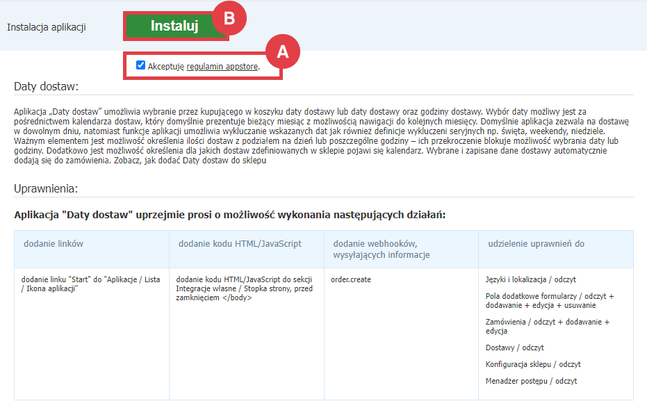 Panel administracyjny sklepu > Dodatki i integracje > Aplikacje > Daty dostaw > Instalacja
