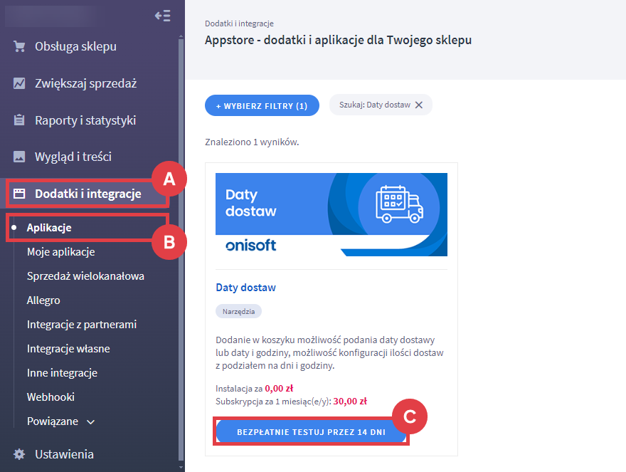 Panel administracyjny sklepu > Dodatki i integracje > Aplikacje > Daty dostaw