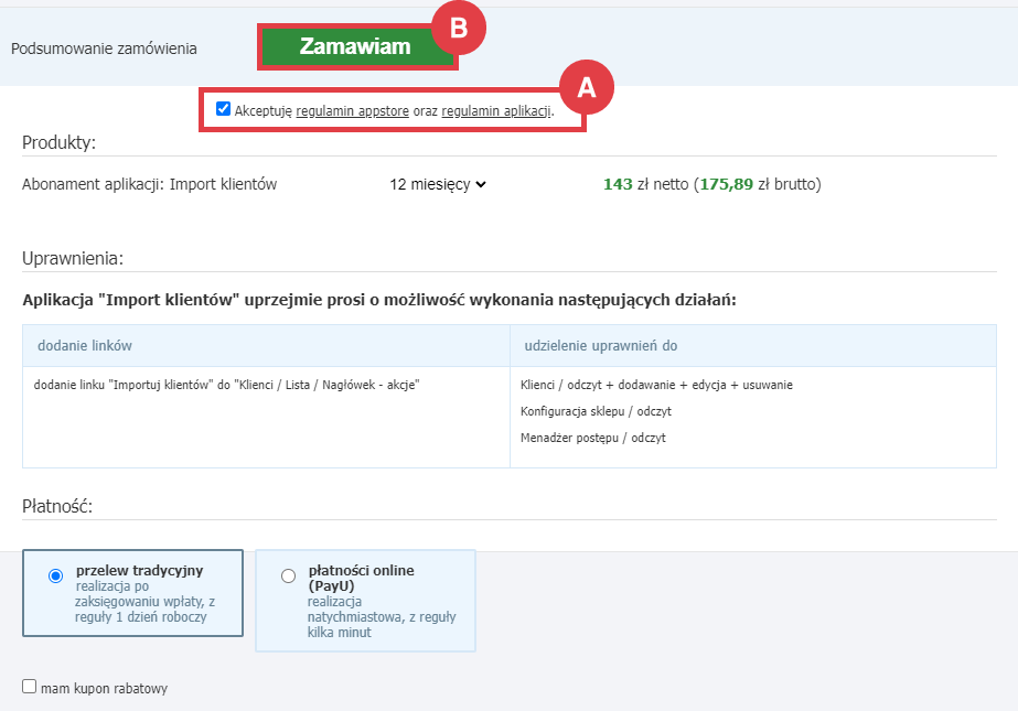 Zamów i opłać abonament aplikacji Import klientów w Panelu administracyjnym sklepu Panel administracyjny sklepu > Dodatki i integracje > Aplikacje > Import klientów > Instalacja