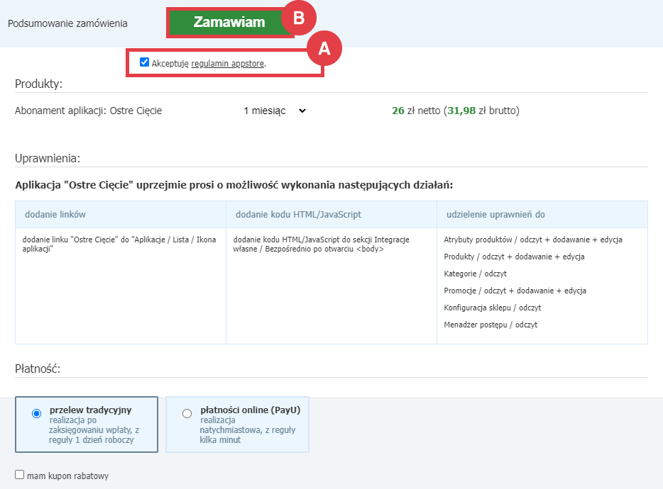 Panel administracyjny sklepu > Dodatki i integracje > Aplikacje > Ostre Cięcie > Instalacja