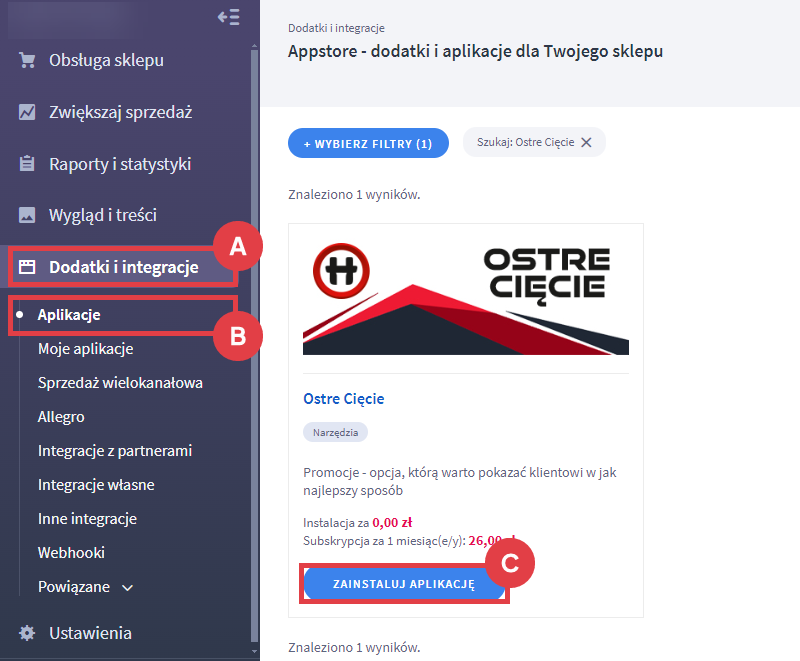 Panel administracyjny sklepu > Dodatki i integracje > Aplikacje > Ostre Cięcie