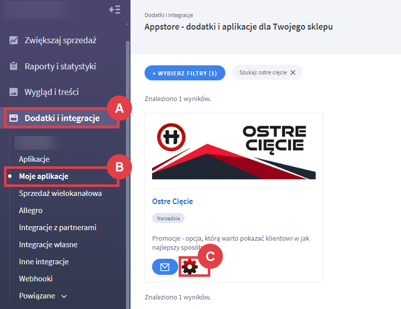 Panel administracyjny sklepu > Dodatki i integracje > Moje aplikacje > Ostre Cięcie