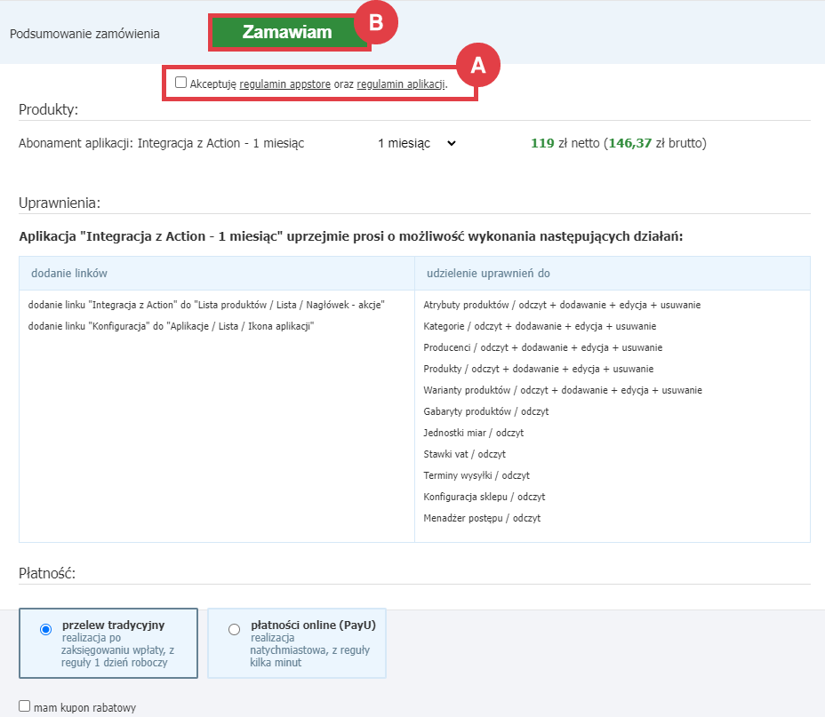 Zamów abonament miesięczny aplikacji: Integracja z Action Panel administracyjny sklepu > Dodatki i integracje > Aplikacje > Integracja z Action - 1 miesiąc > Zamawianie