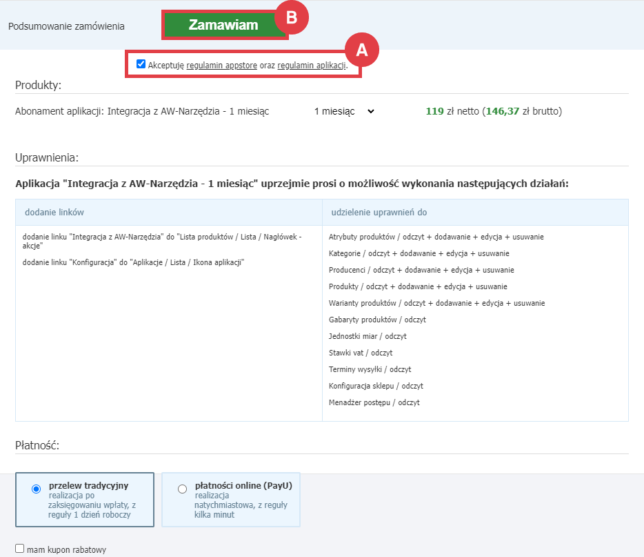 Zamów abonament aplikacji Integracja z AW-Narzędzia na 1-miesiąc Panel administracyjny sklepu > Dodatki i integracje > Aplikacje > Integracja z AW-Narzędzia > Zamawianie abonamentu