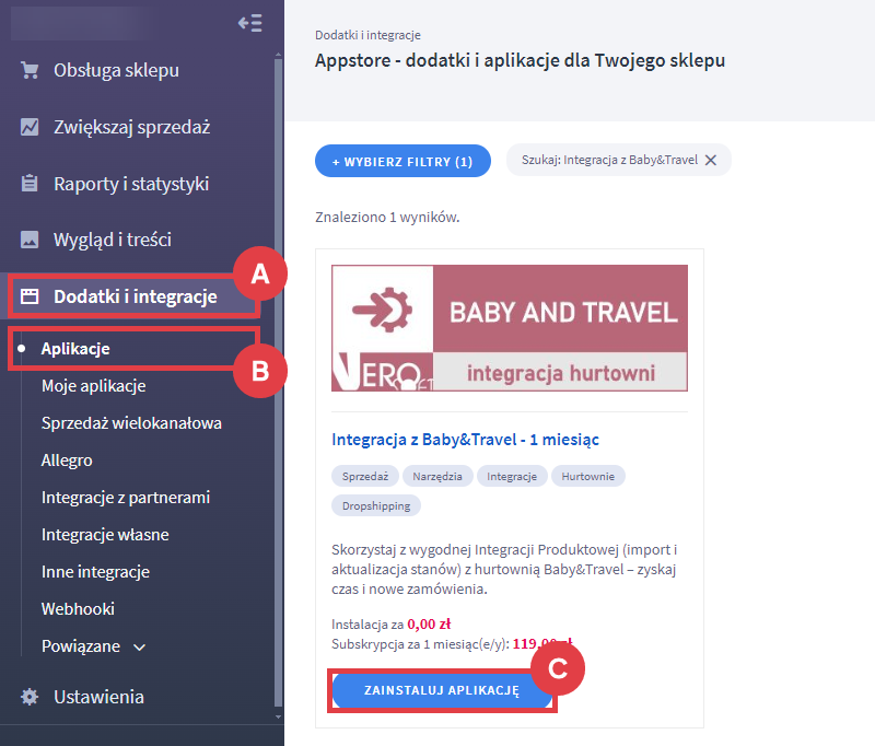 Dodaj aplikację do zintegrowania sklepu internetowego Shoper z hurtownią Baby&Travel Panel administracyjny sklepu > Dodatki i integracje > Aplikacje > Integracja z Baby&Travel
