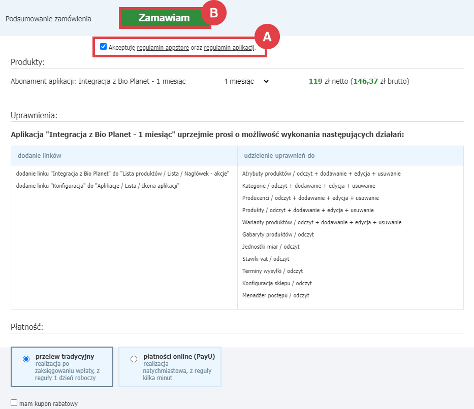 Panel administracyjny sklepu > Dodatki i integracje > Aplikacje > Integracja z Bio Planet > Zamawianie abonamentu