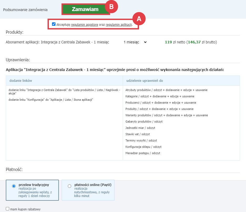 Panel administracyjny sklepu > Dodatki i integracje > Aplikacje > Integracja z Centrala Zabawek > Zamawianie abonamentu