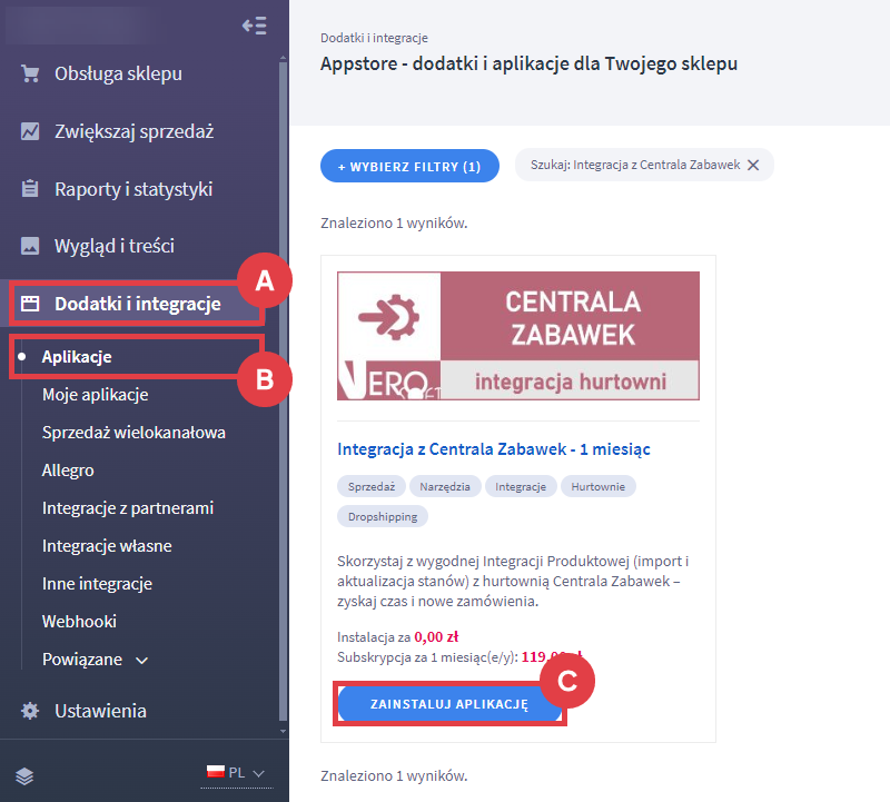 Panel administracyjny sklepu > Dodatki i integracje > Aplikacje > Integracja z Centrala Zabawek