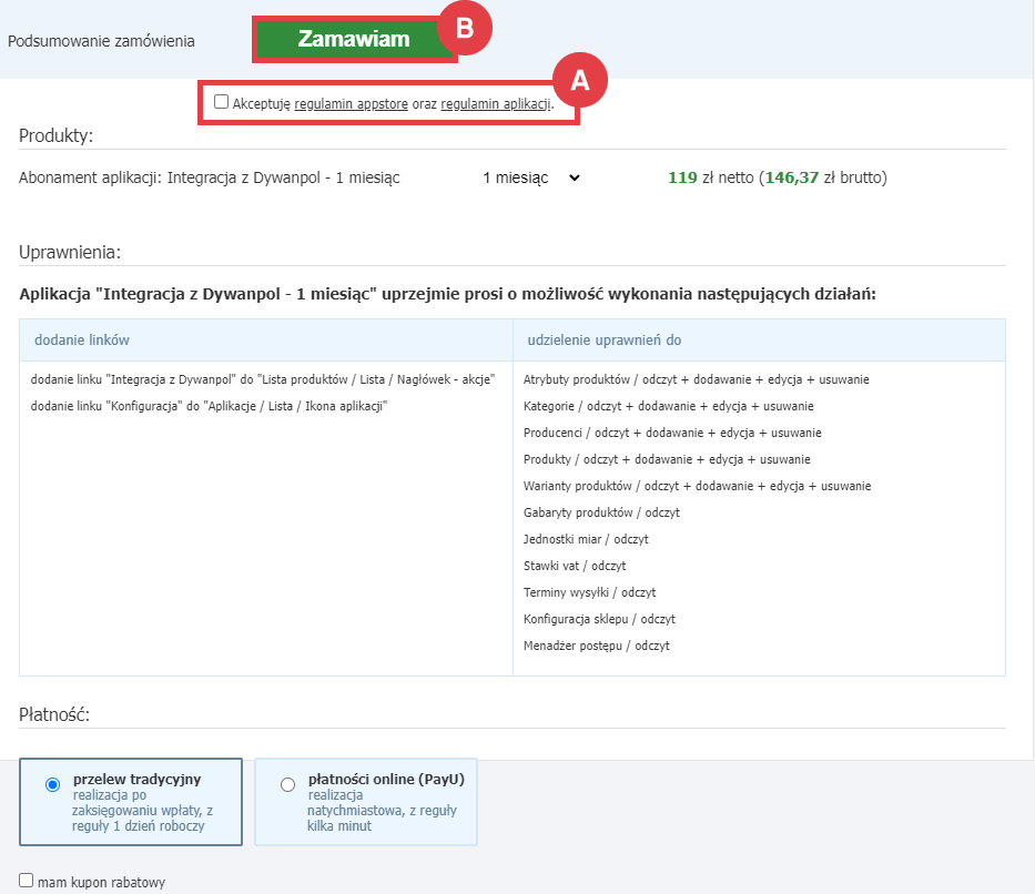Panel administracyjny sklepu > Dodatki i integracje > Aplikacje > Integracja z Dywanpol > Zamawianie abonamentu