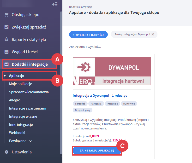 Panel administracyjny sklepu > Dodatki i integracje > Aplikacje > Integracja z Dywanpol