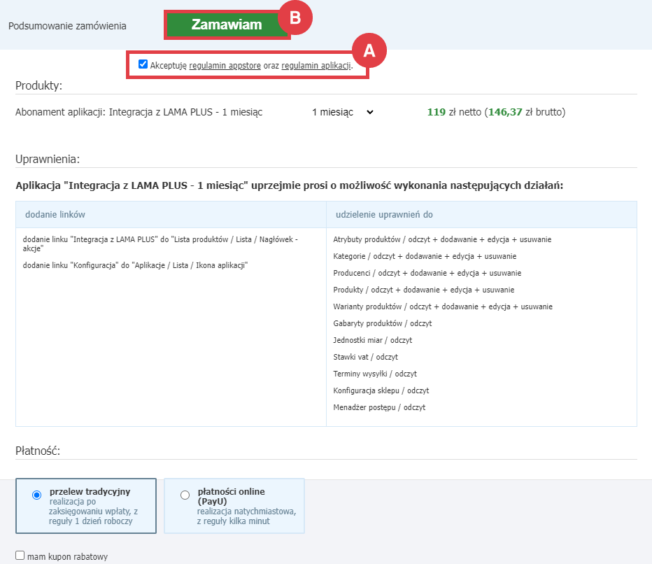 Aby skorzystać z integracji sklepu z LAMA PLUS, należy zamówić abonament w interfejsie Panel administracyjny sklepu > Dodatki i integracje > Aplikacje > Integracja z LAMA PLUS > Zamawianie abonamentu