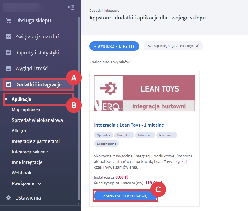 Skorzystaj z aplikacji do integracji sklepu z hurtownią Lean Toys Panel administracyjny sklepu > Dodatki i integracje > Aplikacje > Integracja z Lean Toys