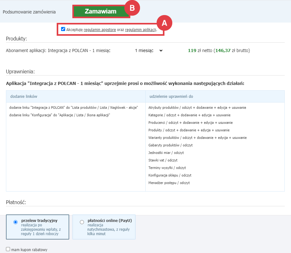 Aby skorzystać z integracji produktowej z POLCAN, należy zamówić abonament w Panelu administracyjnym sklepu Panel administracyjny sklepu > Dodatki i integracje > Aplikacje > Integracja z POLCAN > Zamawianie abonamentu