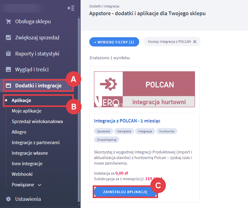 Połącz swój sklep internetowy z hurtownią POLCAN za pomocą aplikacji Panel administracyjny sklepu > Dodatki i integracje > Aplikacje > Integracja z POLCAN