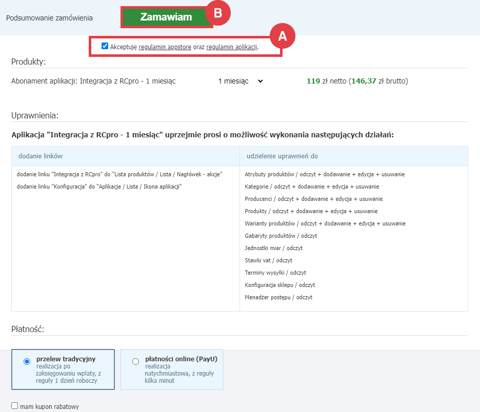 Panel administracyjny sklepu > Dodatki i integracje > Aplikacje > Integracja z RCpro > Zamawianie abonamentu