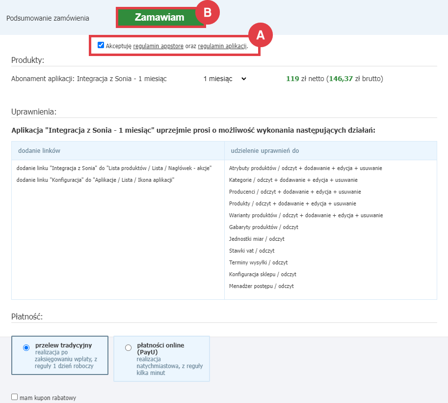 Zamawianie abonamentu aplikacji do integracji sklepu z hurtownią Sonia Panel administracyjny > Dodatki i integracje > Aplikacje > Integracja z Sonia > Instalacja