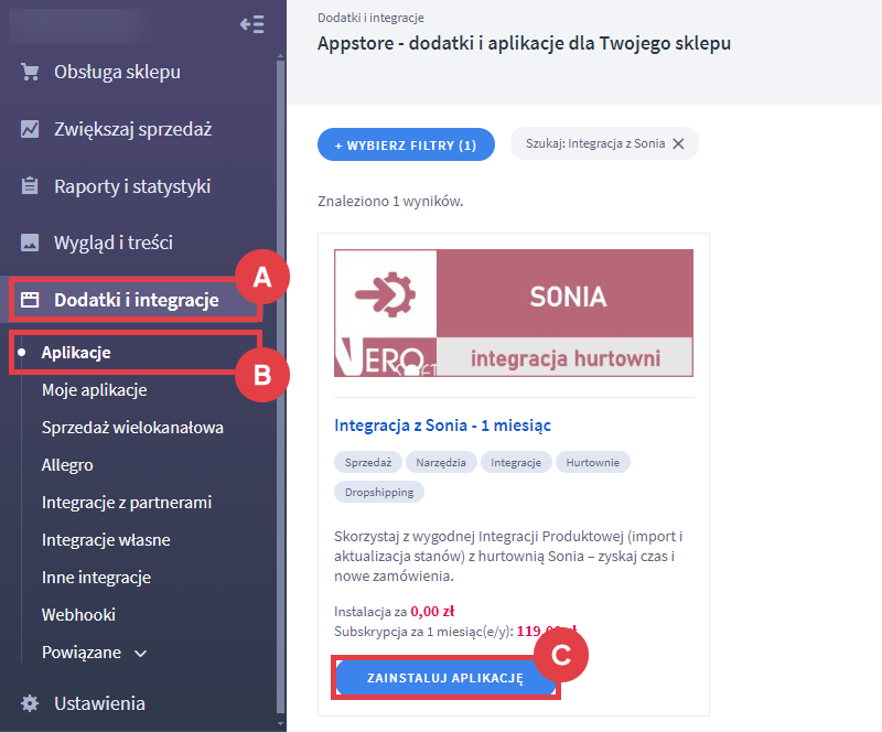 Dodaj integrację z Sonia do sklepu internetowego Shoper Panel administracyjny > Dodatki i integracje > Aplikacje > Integracja z Sonia