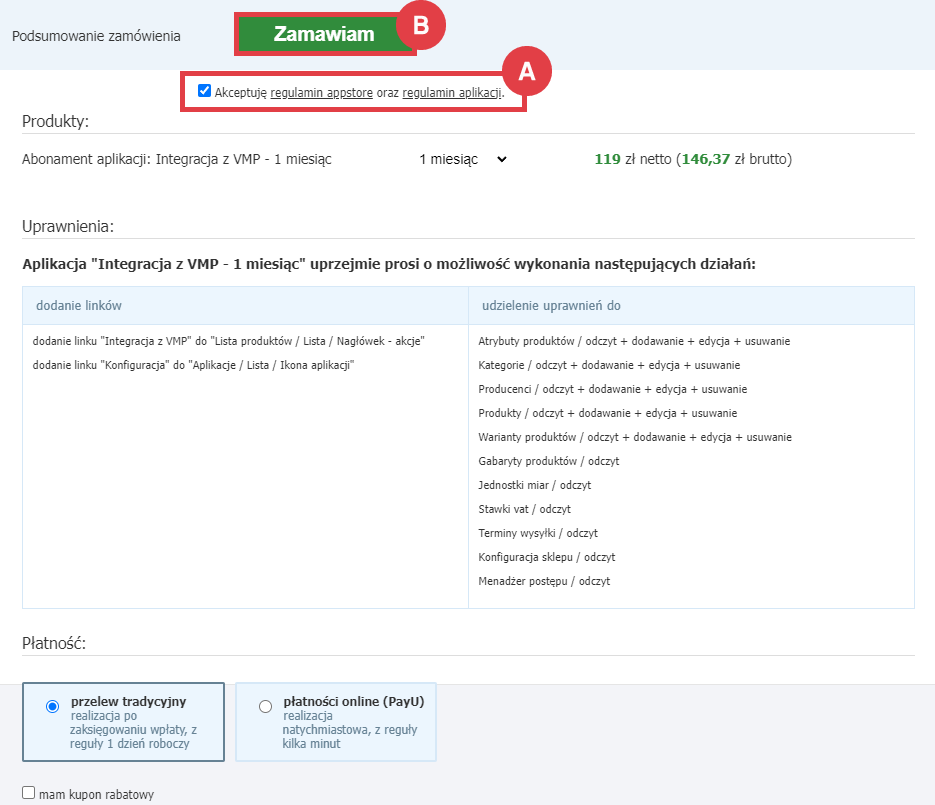 Wybierz płatność i zamów abonament aplikacji do integracji sklepu z VMP Panel administracyjny sklepu > Dodatki i integracje > Aplikacje > Integracja z VMP > Zamawianie abonamentu