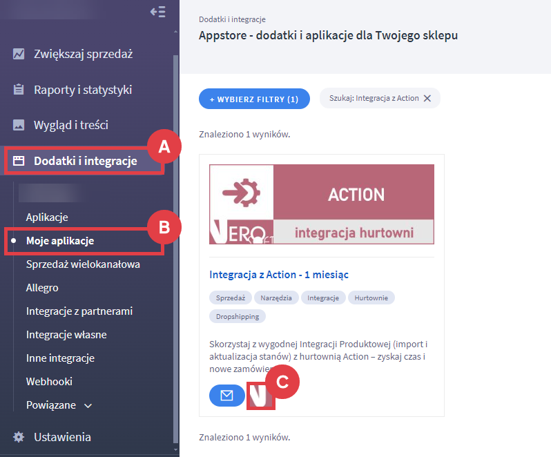 Skonfiguruj integrację sklepu Shoper z hurtownią Action Panel administracyjny sklepu > Dodatki i integracje > Moje aplikacje > Integracja z Action - 1 miesiąc