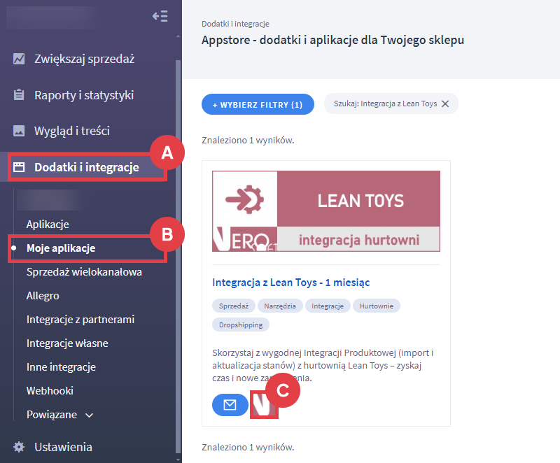 Ustaw integrację produktową z hurtownią Lean Toys w Panelu administracyjnym sklepu Panel administracyjny sklepu > Dodatki i integracje > Moje aplikacje > Integracja z Lean Toys
