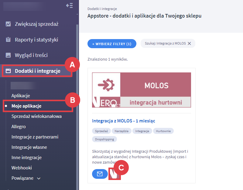 Otwórz aplikację i ustaw połączenie hurtowni MOLOS ze sklepem Shoper Panel administracyjny > Dodatki i integracje > Moje aplikacje > Integracja z MOLOS