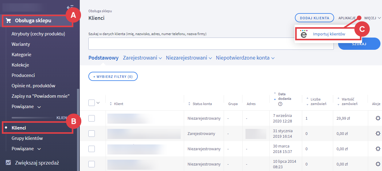 Wykonaj import kont klientów z pliku CSV za pomocą dodatkowej aplikacji w Panelu administracyjnym sklepu Panel administracyjny sklepu > Obsługa sklepu > Klienci > Aplikacje > Import klientów