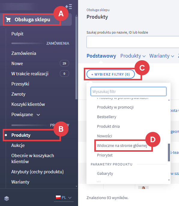 Panel administracyjny sklepu > Obsługa sklepu > Produkty > Widoczne na stronie głównej