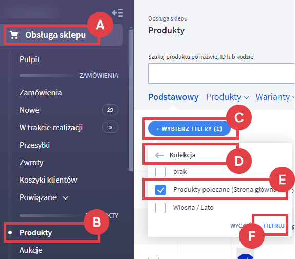 Panel administracyjny sklepu > Obsługa sklepu > Produkty > Wybierz filtry > Kolekcja > Produkty polecane (Strona główna)