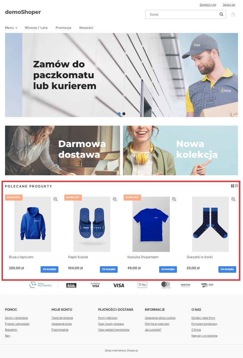 Dzięki sekcji Polecane produkty, zwrócisz uwagę kupujących na konkretne produkty Sekcja produktów polecanych na stronie głównej sklepu internetowego Shoper