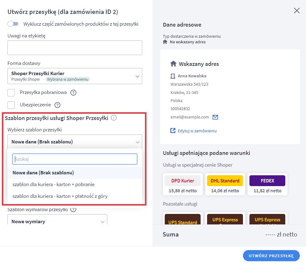 Tworzenie przesyłki do zamówienia z wykorzystaniem szablonu przesyłki