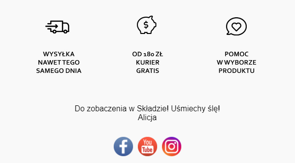 Przykład ikon informacyjnych oraz social-media w stopce wiadomości e-mail ze sklepu Przykładowa stopka wiadomości e-mail wysyłanych ze sklepu internetowego
