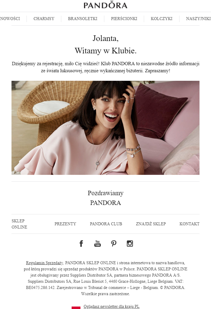 Przykład dodanych obrazków do transakcyjnej wiadomości e-mail od Pandora Przykład grafiki w wiadomości e-mail transakcyjnej od Pandora