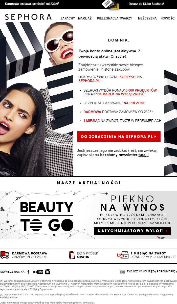 Przykład dodanych obrazków do transakcyjnej wiadomości e-mail od Sephora Przykład grafiki w wiadomości e-mail transakcyjnej od Sephora