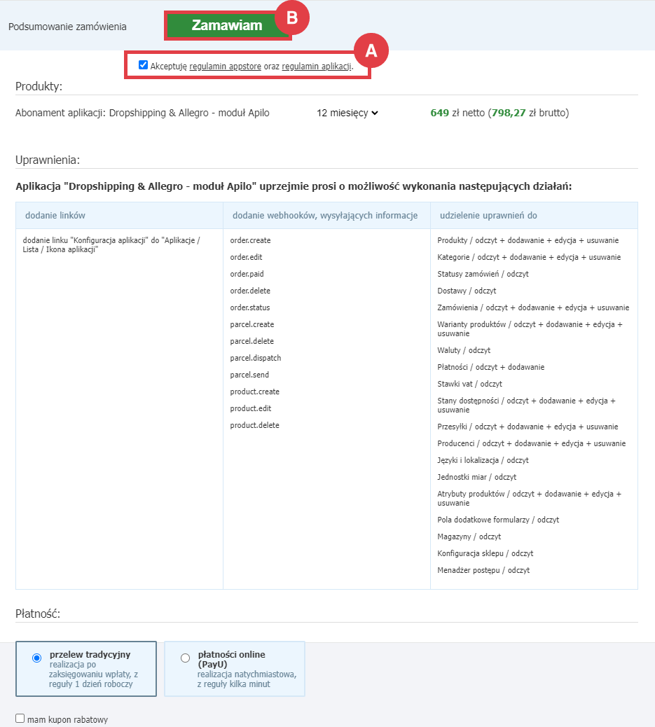 Panel administracyjny sklepu > Dodatki i integracje > Aplikacje > Dropshipping & Allegro - moduł Apilo > Instalacja